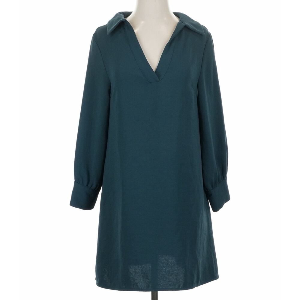 ZARA Women’s Teal Green V-Neck Dress Sz M 3/4 Sleeve Flowy Casual Work